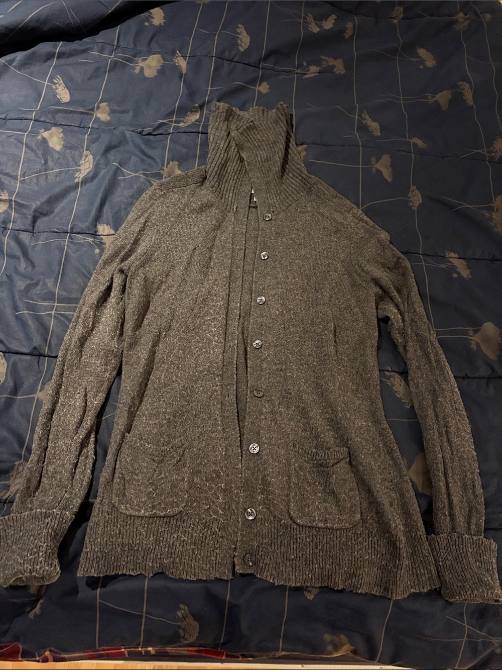 Women’s Jacob Connexion Button-Up Grey Ribbed Collar Cardigan Sweater - size L